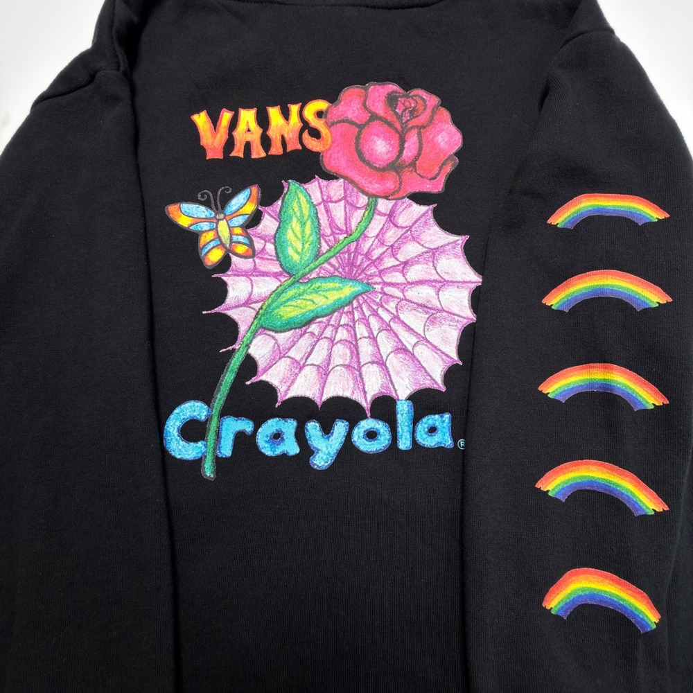 Vans x Crayola Rose Spider Web Hoodie Black Rainbow Sleeve Pullover XS